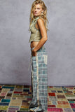 Stud Detail Woven Denim Pants: TEAL PLAID / S