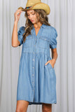 Short Sleeve 100%Tencel Chambray Denim Casual Dress VD83372: Denim Blue / S