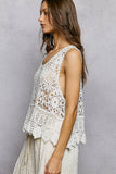 Round Neck Sleeveless Crochet Scalloped Opening Top: NATURAL / Os