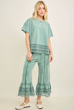 Mineral Washed Delicate lace trim hem Cropped Pants HP7236: MossGreen / S-M-L / 2-2-2
