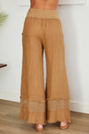 FRINGE HEM EYELET CONTRAST WIDE LEG LINEN PANTS(15-84-CAM): S