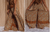 Hippie Boho Silk Bell Bottom Flare Pants, Palazzo Pants: Green / M/L