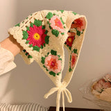 French Retro Hand-knitted Sweet Crochet Headscarf: Red_Flower / M