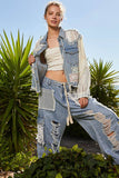 Oversize long sleeve crochet patchworks denim jacket: DENIM / M