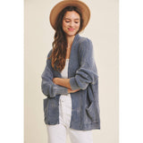 MINERAL-WASHED OPEN FRONT COTTON SWEATER CARDIGAN: ANTIQUE WINE / S