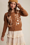 Floral Embroidered Puff Sleeve Cardigan: Dark Olive / S