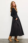 SQUARE NECK LONG SLEEVE SHIRRED WAIST LONG DRESS: IRON / M