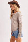 CROCHET PATCH SLEEVED HALF BUTTON ROUND NECK TOP: IVORY / M