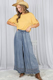 Flared Ruffle Hem Washed Chambray Crop Denim Pants VP83186: Black Denim / M