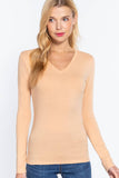 Basic Solid Long Sleeve V Neck Top: MOCHA MOUSSE / 2-2-2 (S-M-L)