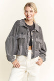 Mineral Wash Button Cropped Shacket HT5560: Vintage Olive / S-M-L / 2-2-2