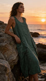 Sleeveless long dress 100% linen REF. 8466: WASABI