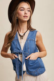 Denim Tie-Front Vest: Washed Cobalt / S