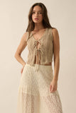 Pointelle Crochet-Knit Tie-Front Tank Top: CREAM / M