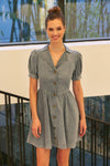 MINERAL-WASHED DENIM BUTTON-DOWN MINI DRESS WITH PUFF SLVS: WASHED DENIM / S