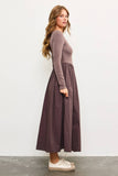 SQUARE NECK LONG SLEEVE SHIRRED WAIST LONG DRESS: IRON / M