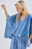 Mineral Washed Doily Boho Pancho Vneck top HT6680: Olive