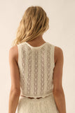 Pointelle Crochet-Knit Tie-Front Tank Top: CREAM / M