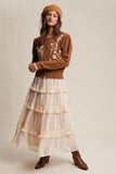 Floral Embroidered Puff Sleeve Cardigan: Dark Olive / L