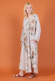 Flowy floral linen dress with 2 pockets 14945: 100% linen / Beige / One size