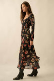 Floral-Print Mesh Smocked Long-Sleeve Maxi Dress: BLACK / S