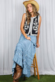 Ruffle Frayed Hem Chambray Casual Western Maxi Skirt VS83151: Washed Denim / L