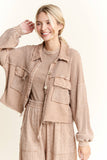 Mineral Wash Button Cropped Shacket HT5560: Vintage Olive / S-M-L / 2-2-2