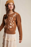 Floral Embroidered Puff Sleeve Cardigan: Dark Olive / S