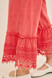 Mineral Washed Delicate lace trim hem Cropped Pants HP7236: HotCocoa / S-M-L / 2-2-2