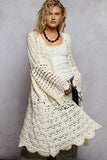 Long sleeve solid chenille crochet cardigan top: CREAM / Ml