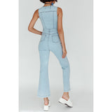 BUTTON FRONT WASHED BLUE JUMPSUIT / SR0935J: Black / L
