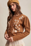 Floral Embroidered Puff Sleeve Cardigan: Tiramisu / L