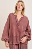 Mineral Washed Ribbed Vneck Bishop sleeve blouse HT5042P1: Ashed Black / S-M-L / 2-2-2