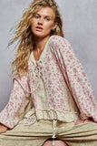 V neck balloon sleeve floral ruffle woven printed top: PINK MULTI / S