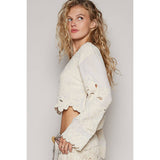 Cropped long sleeve solid crochet top: NATURAL / OS