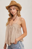 CROCHET CONTRAST CAMISOLE TOP: ALMOND / M