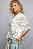 Crochet Trim Neckline Short Sleeve Jacket Top: NATURAL / Os