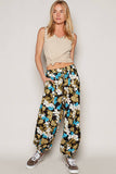 Adjustable string floral print woven harem pants: IVORY MULTI / S