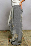 Floral Embroidered Patches Butterfly Patchwork Woven Pants: BLACK STRIPED MULTI / L