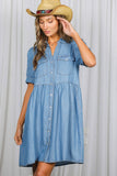 Short Sleeve 100%Tencel Chambray Denim Casual Dress VD83372: Denim Blue / M