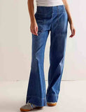 Ladies Elastic Waist Pocket Wide Leg Denim Pants: Light Blue / M