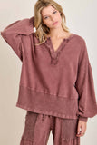 Mineral Washed Ribbed Vneck Bishop sleeve blouse HT5042P1: Ashed Black / S-M-L / 2-2-2