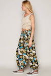 Adjustable string floral print woven harem pants: IVORY MULTI / S