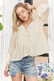 CET3887 - SOLID LONG SLEEVES TOP WITH EYELET: Beige / S-M-L(2-2-2)