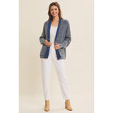 MINERAL-WASHED OPEN FRONT COTTON SWEATER CARDIGAN: ANTIQUE WINE / L