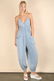 NP70837-Mineral Washed Cotton Gauze Casual Jumpsuit: SAGE / S-M-L/2-2-2