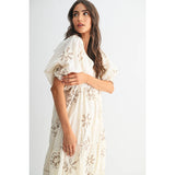FLORAL EMBROIDERED MAXI DRESS: CREAM/MOCHA / S-M-L(3-2-1)