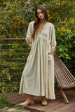L8879 | Woven Rayon Tencel Round Neck Long Sleeve Flare Maxi: Natural / M