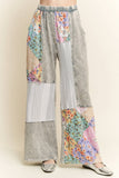 Mineral Washed Floral WaveKnit Jacquard Boho Pants HP6106: Silver Grey / S-M-L / 2-2-2