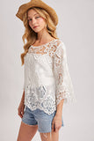 BOHO SHEER CROCHET 3/4 SLEEVED TOP WITH NO LINING: NATURAL / S
